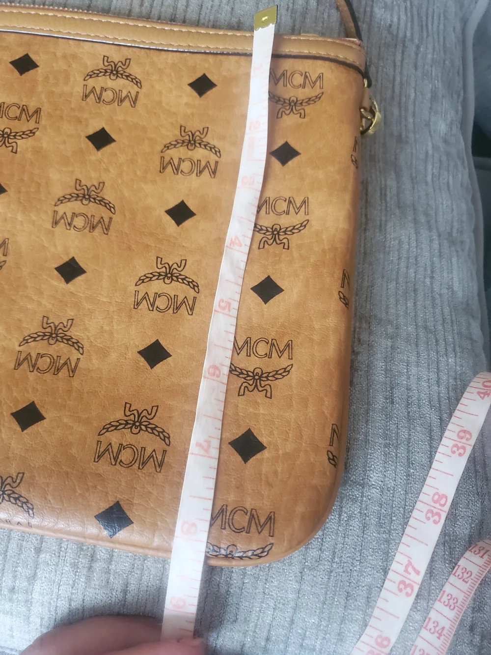 MCM Authentic Leather Cognac Visetos Logo Zip Pouch Shoulder Bag Like New